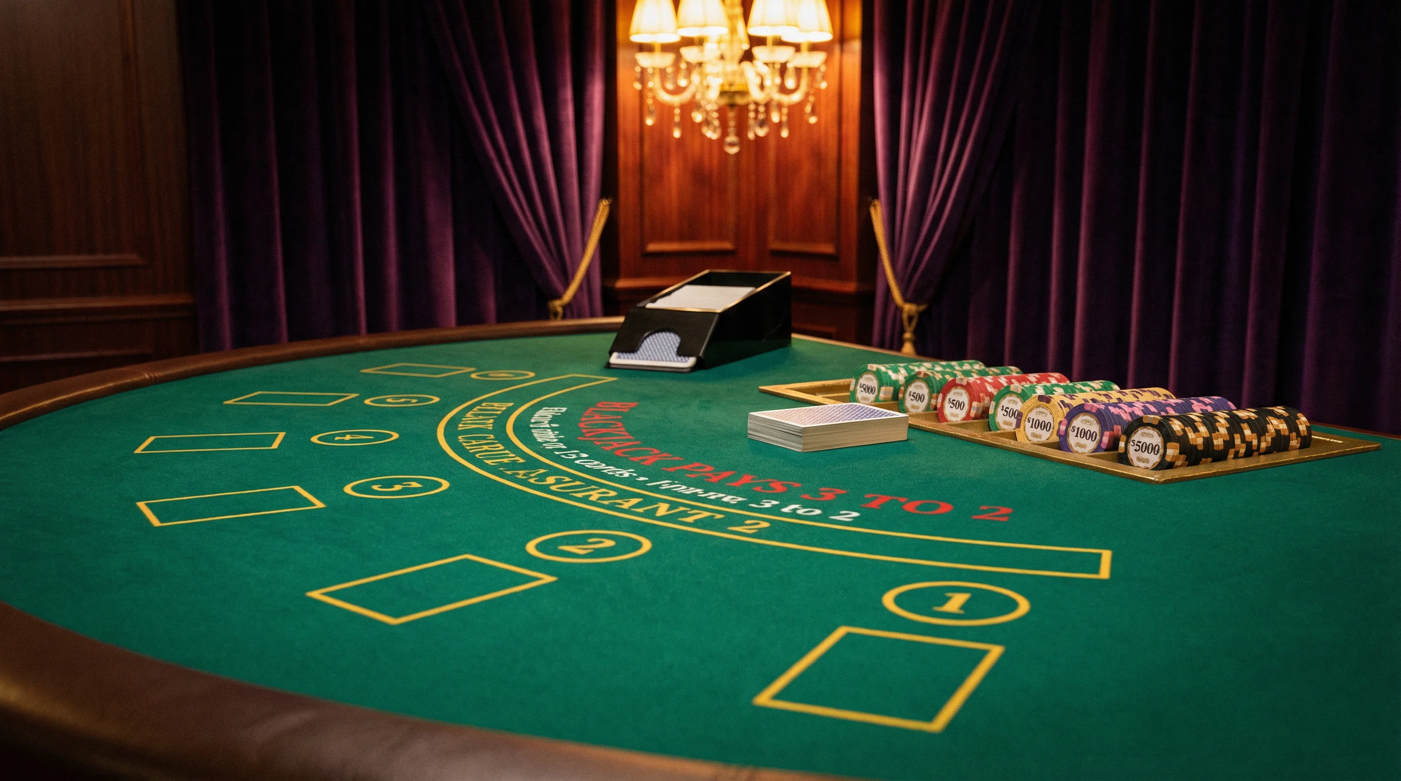 Mesa de blackjack profesional con fichas y cartas